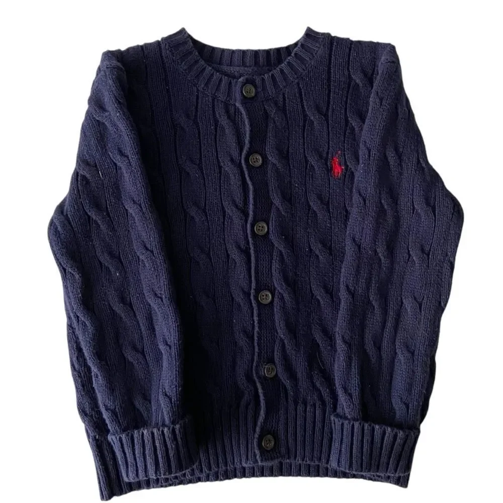 Ralph Lauren Dark Blue Knit Cotton V-Neck Cardigan Sweater in Size 24M